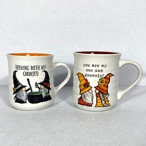 Gnome-Themed Ceramic Mug Set - Orange and White Double Sided Large Mugs